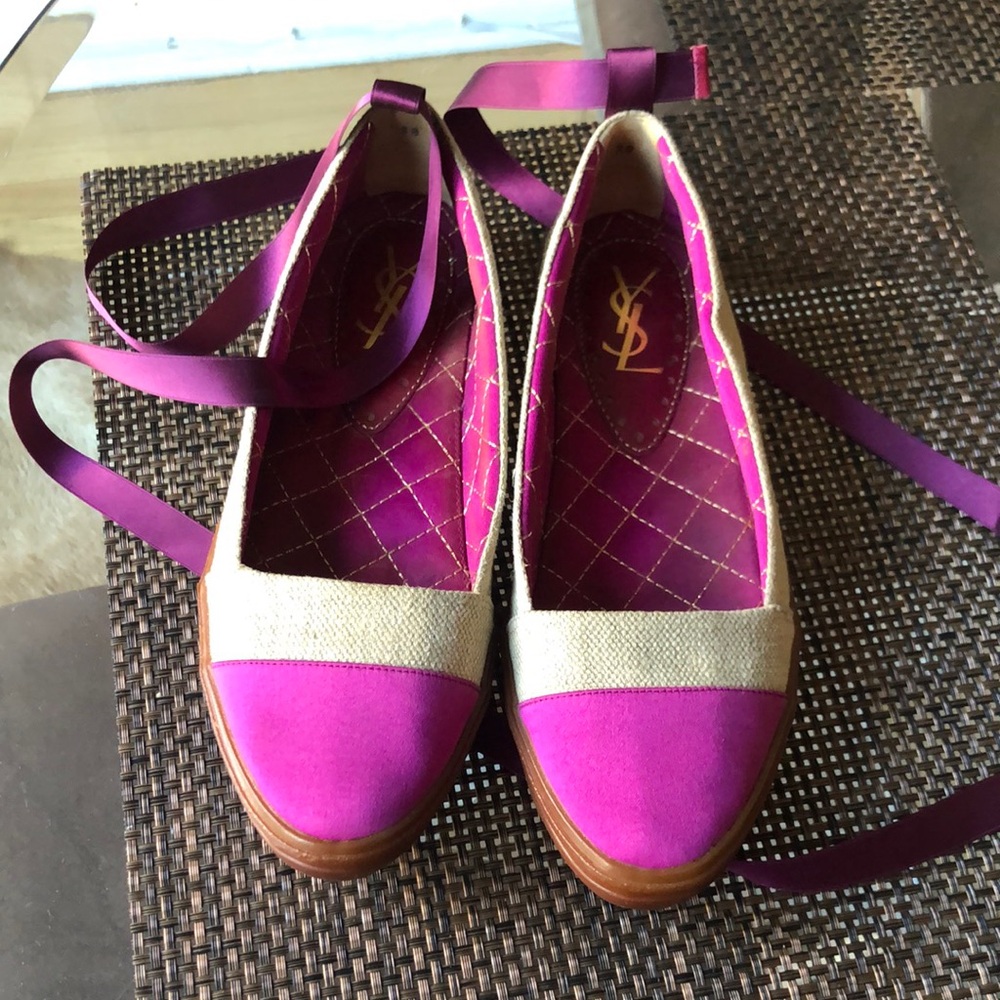 Yves Saint Laurent Women's Pink Espadrille lace up ribbon Flats size 38